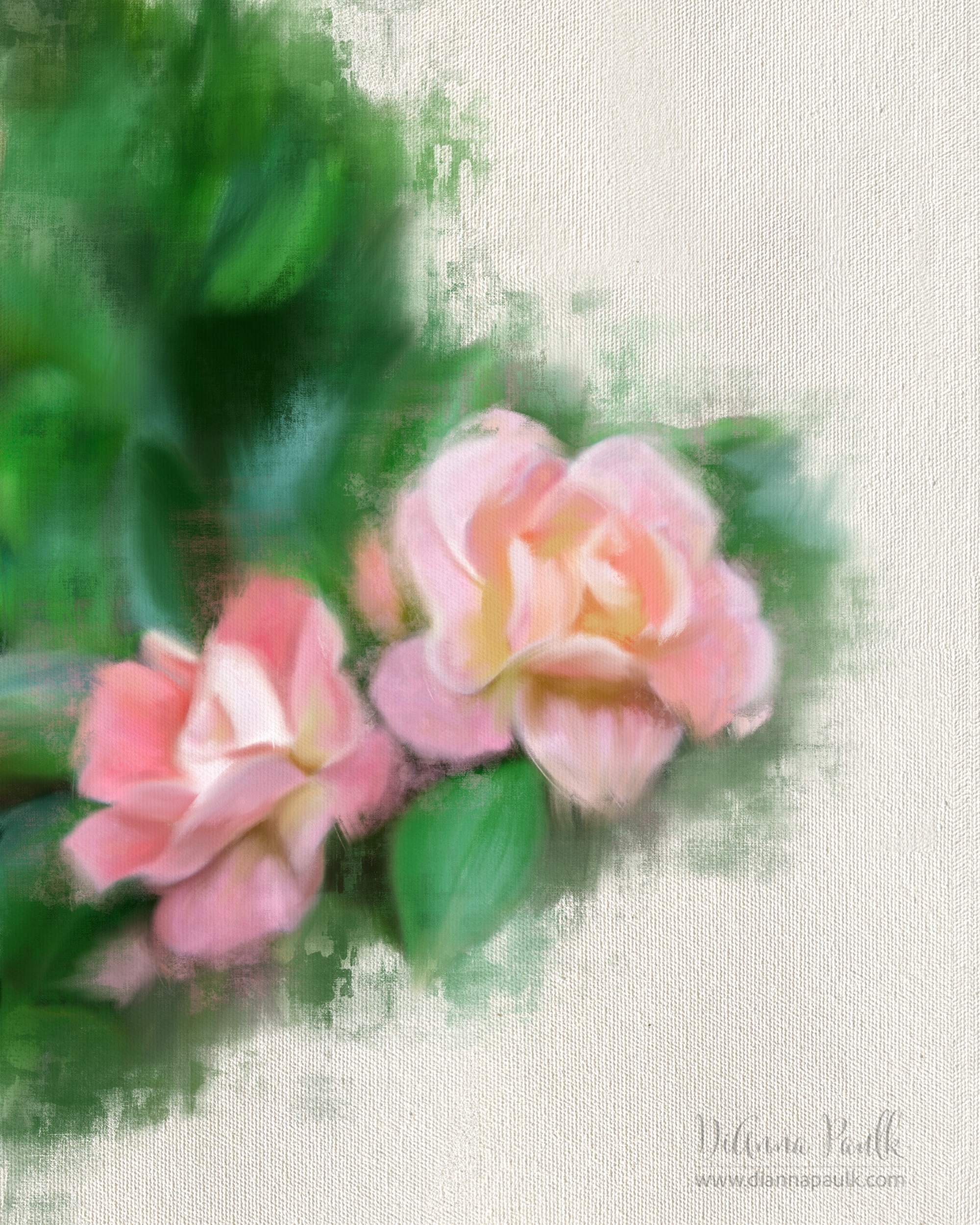 Another one of my practice Alla Prima style Photoshop paintings.

Alla Prima is Italian for “at first attempt.” It describe a painting technique where an artwork is completed in a single session.  In the real-paint world it is a wet-on-wet technique resulting in expressive, textured brush strokes.  Leaving areas of the canvas exposed is a deliberate technique.  Using brushes and lessons from @elevateyourart I’m trying to duplicate that style in Photoshop not using AI.

I do think the composition on this one is a little off.  I should have taken away some of the greenery at the top left and added more under the roses.  But “progress not perfection” is what I keep reminding myself as I work through this process.

#photoshoppainting #allaprima #pinkroses #diannapaulkphotography #photoshopart
