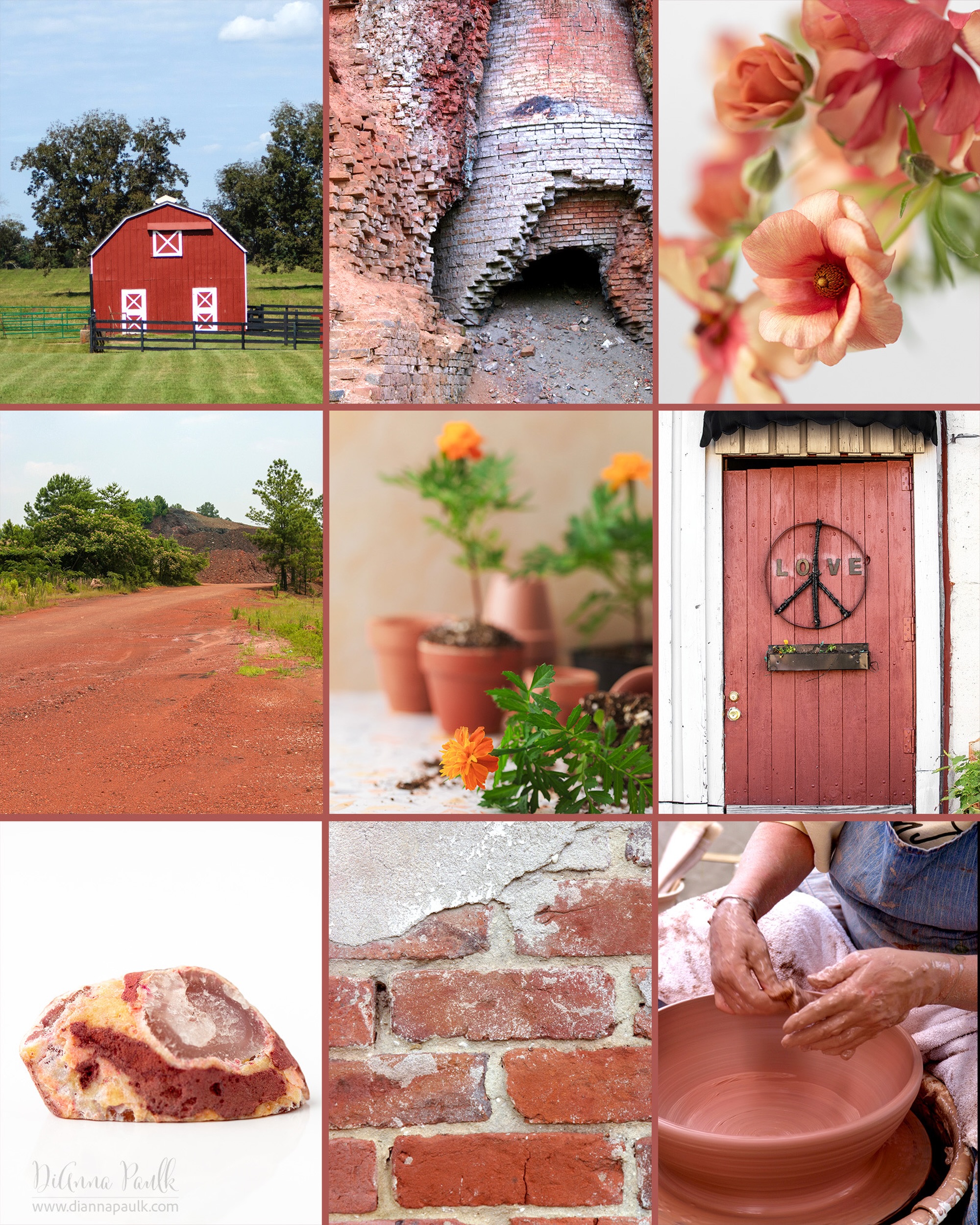 July Color Chase Challenge grid for Muted Terracotta

Notes on a few of the images: middle top row is the Civil War era furnace at Brierfield Ironworks Historical State Park in Brierfield AL; first image on second row is the remains of a coal mine where my grandfather was the mining engineer in Sayre AL (My dad was the first male child born in Sayre and was named after Mr. Sayre, the owner of the mine and, apparently, the town!); third on middle row is a door I found in Selma AL; middle image on bottom row is also from Selma.  The other images are fairly self-explanatory.

#colorchasechallenge #ccc_terracotta #july2026 #diannapaulkphotography @colorchasechallenge