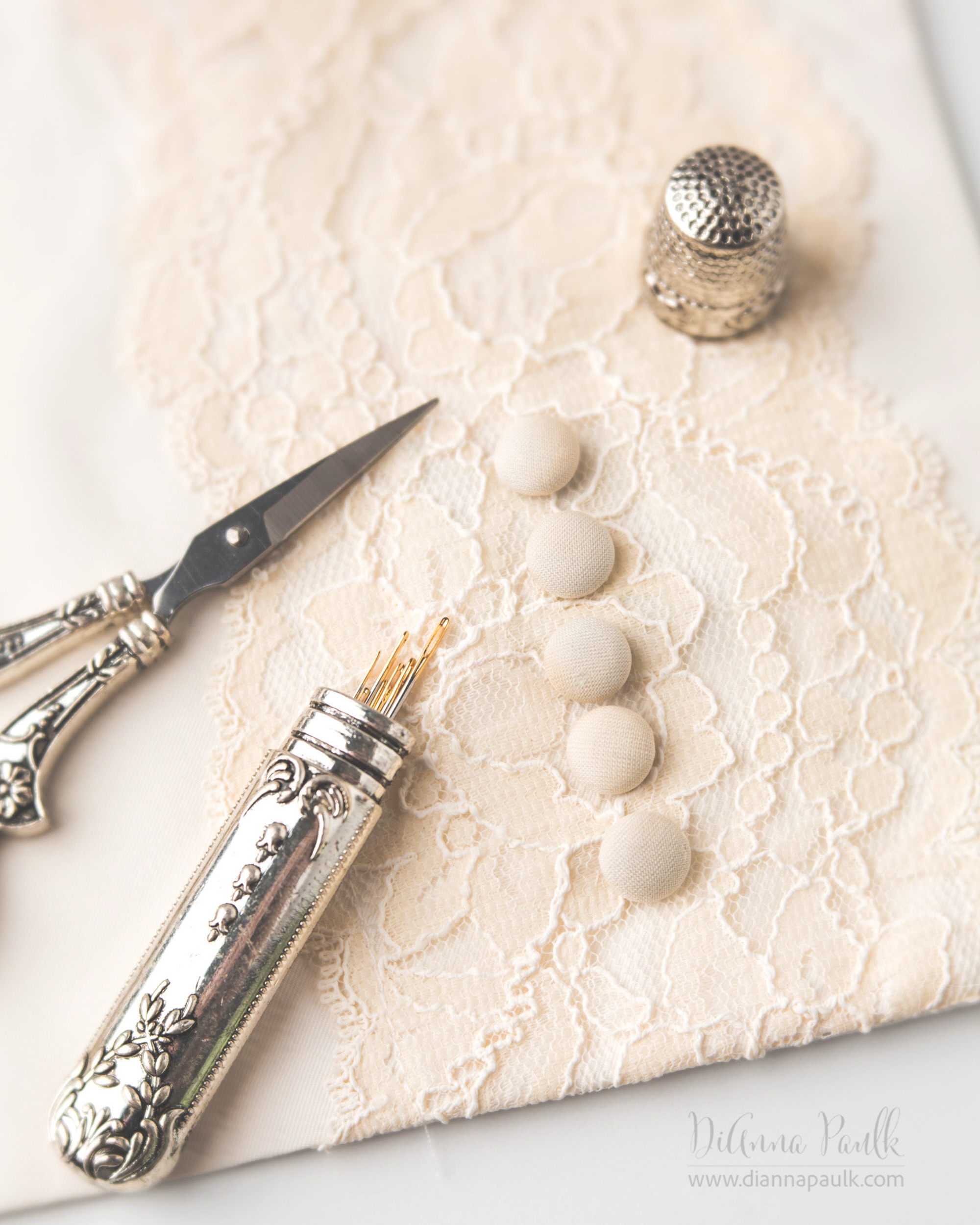 Macro Project 52: Tools & Objects

This is a close-up of a bouquet wrap I made for my oldest granddaughter’s wedding.  The material, lace, and buttons are from my 54-year old wedding dress. My initials and wedding date (5.28.1972) are embroidered on the back. 

Canon 5D Mark III, Lensbaby Velvet 56 at f/4, 1/125s, ISO 100, studio lighting

#shootextraordinary #2026Macroproject52 #toolsandobjects #diannapaulkphotography #vintageweddingdress